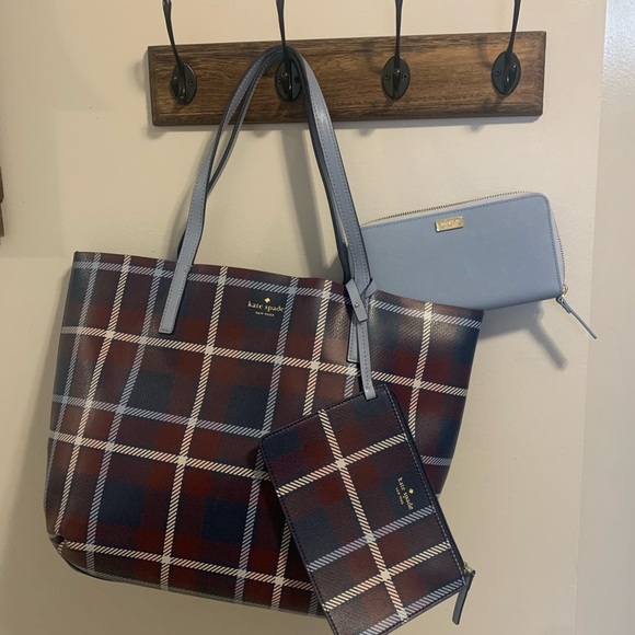 kate spade Handbags - Kate Spade Blue and Brown Plaid Leather Tote Bag Set